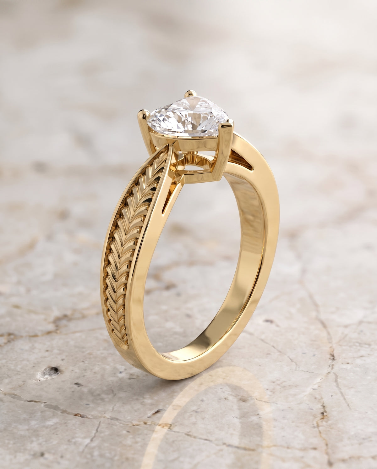The Roberta Vintage Leaf Pattern Solitaire Heart Engagement Ring Setting in 18K Yellow Gold