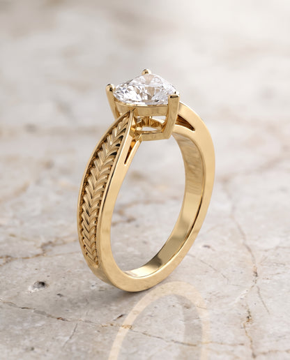 The Roberta Vintage Leaf Pattern Solitaire Heart Engagement Ring Setting in 18K Yellow Gold