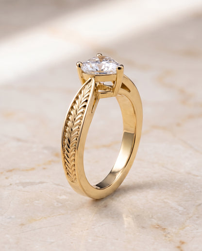 The Roberta Vintage Leaf Pattern Solitaire Heart Engagement Ring Setting in 18K Yellow Gold