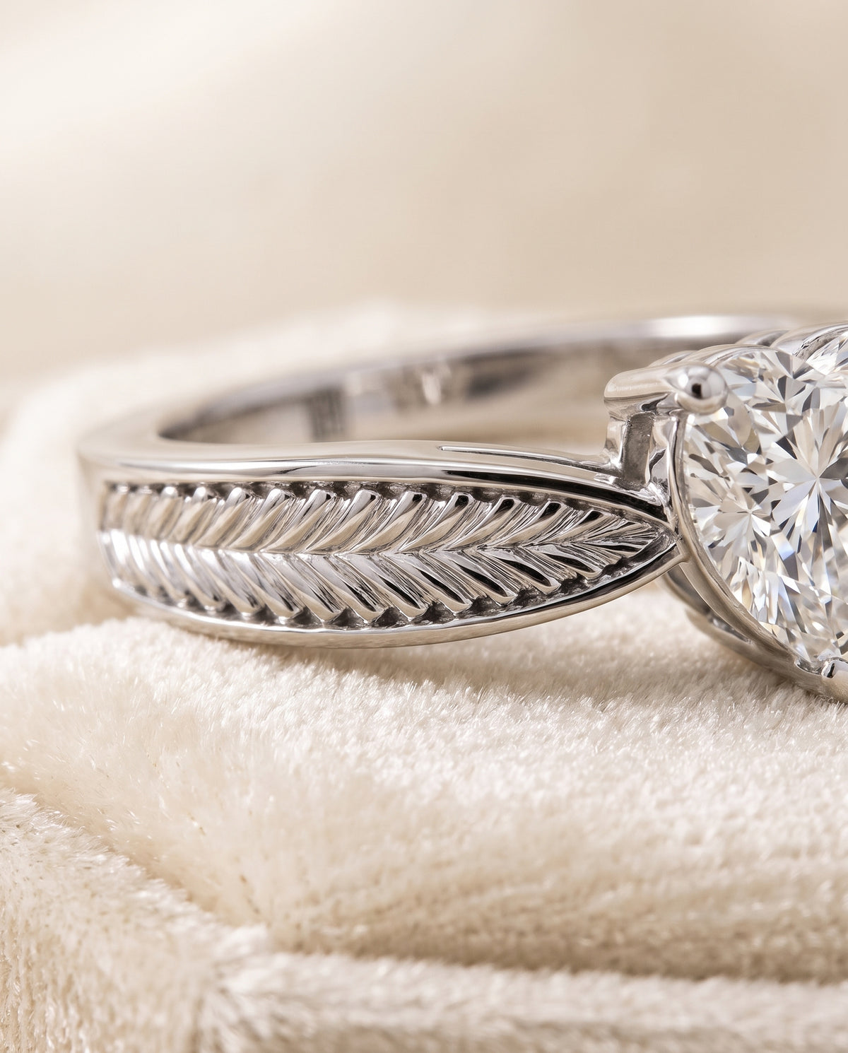 The Roberta Vintage Leaf Pattern Solitaire Heart Engagement Ring Setting in 18K White Gold
