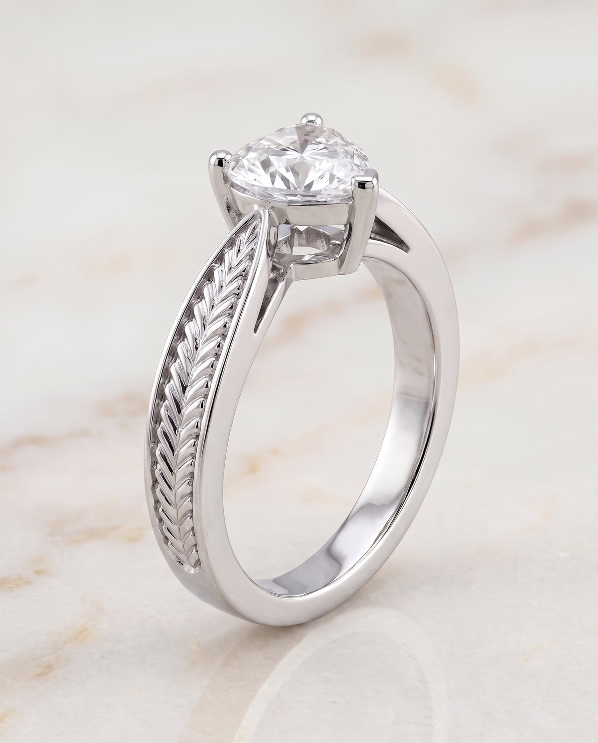 The Roberta Vintage Leaf Pattern Solitaire Heart Engagement Ring Setting in 18K White Gold