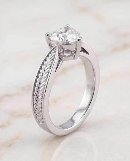 The Roberta Vintage Leaf Pattern Solitaire Heart Engagement Ring Setting in 18K White Gold