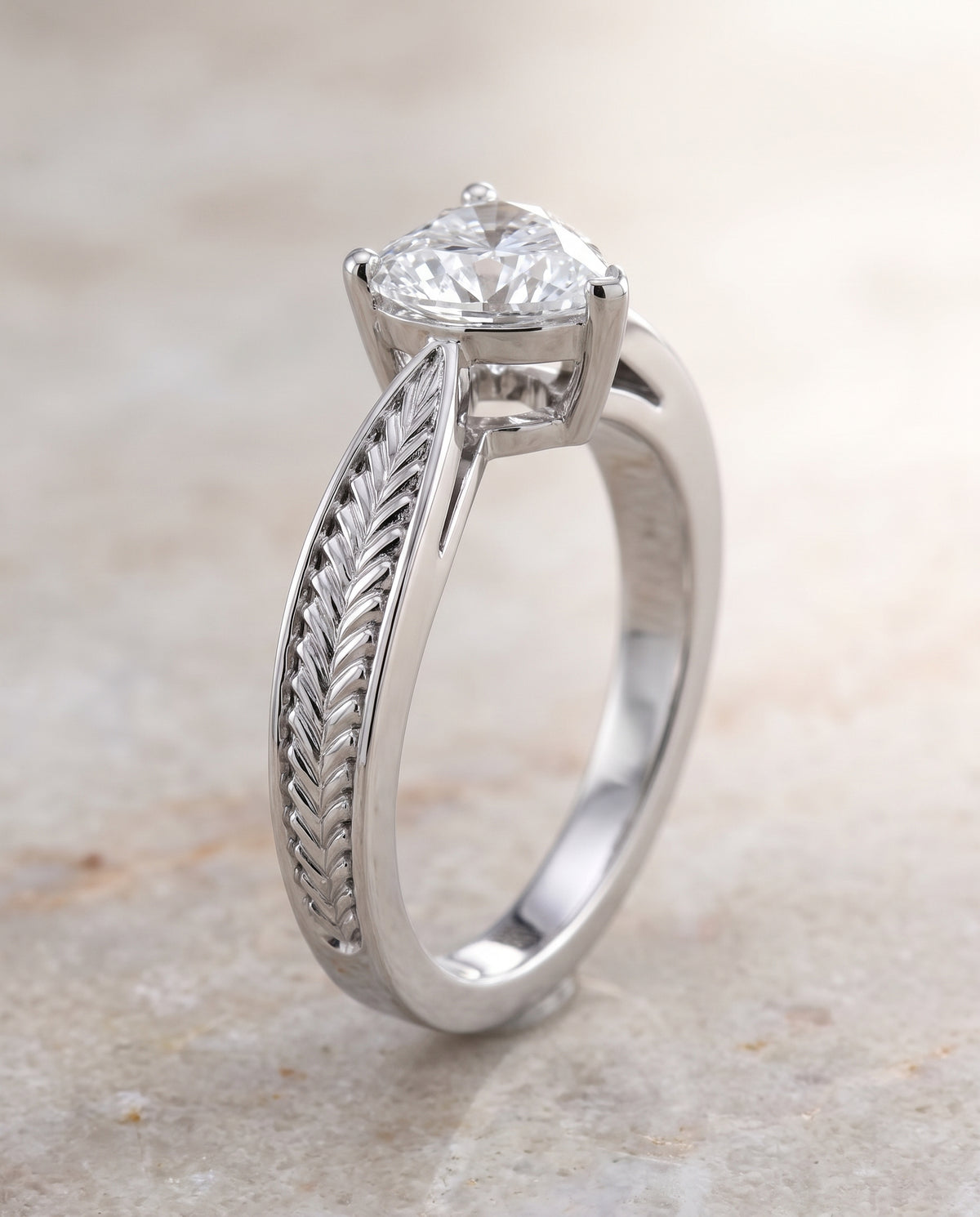 The Roberta Vintage Leaf Pattern Solitaire Heart Engagement Ring Setting in 18K White Gold