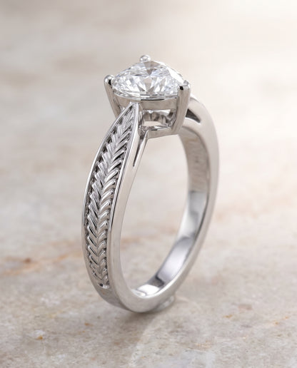 The Roberta Vintage Leaf Pattern Solitaire Heart Engagement Ring Setting in 18K White Gold