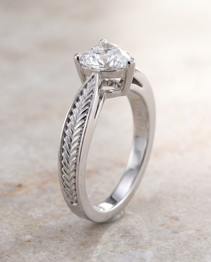 The Roberta Vintage Leaf Pattern Solitaire Heart Engagement Ring Setting in Platinum