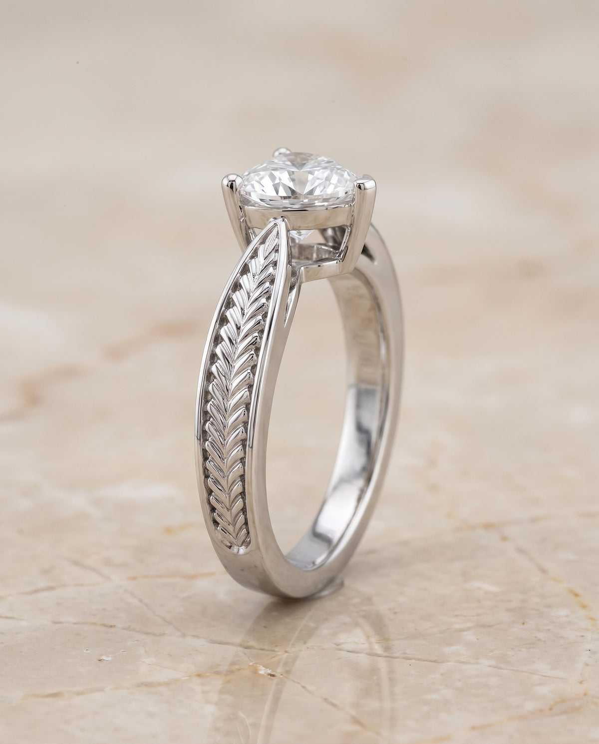 The Roberta Vintage Leaf Pattern Solitaire Heart Engagement Ring Setting in 18K White Gold
