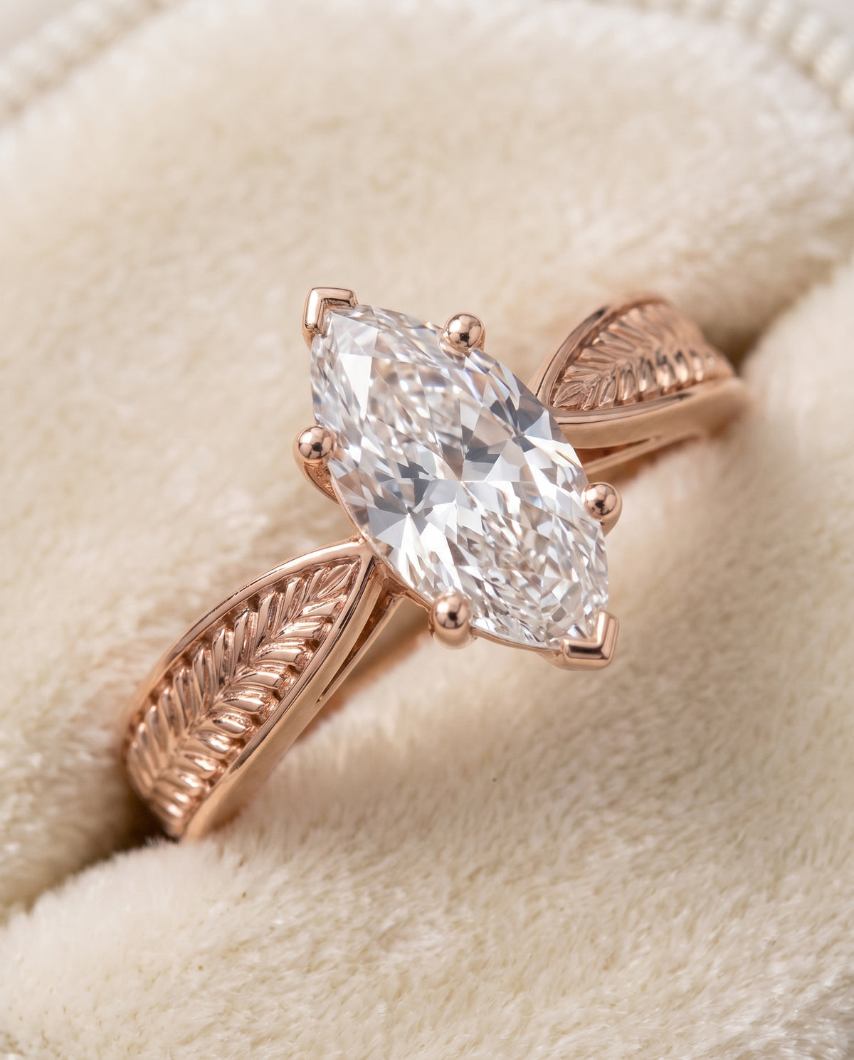 The Roberta Vintage Leaf Pattern Solitaire Marquise Engagement Ring Setting in 14K Rose Gold