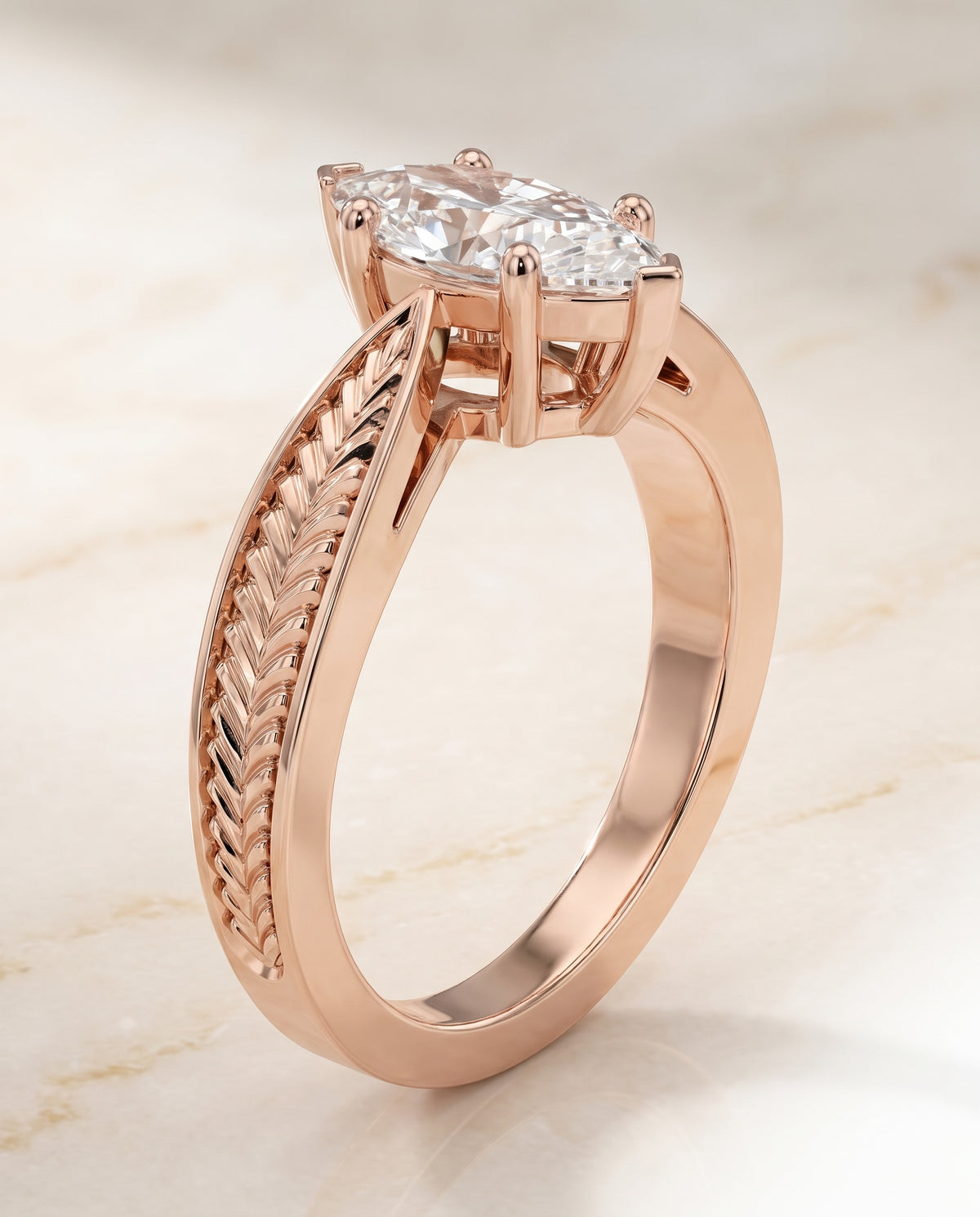 The Roberta Vintage Leaf Pattern Solitaire Marquise Engagement Ring Setting in 14K Rose Gold
