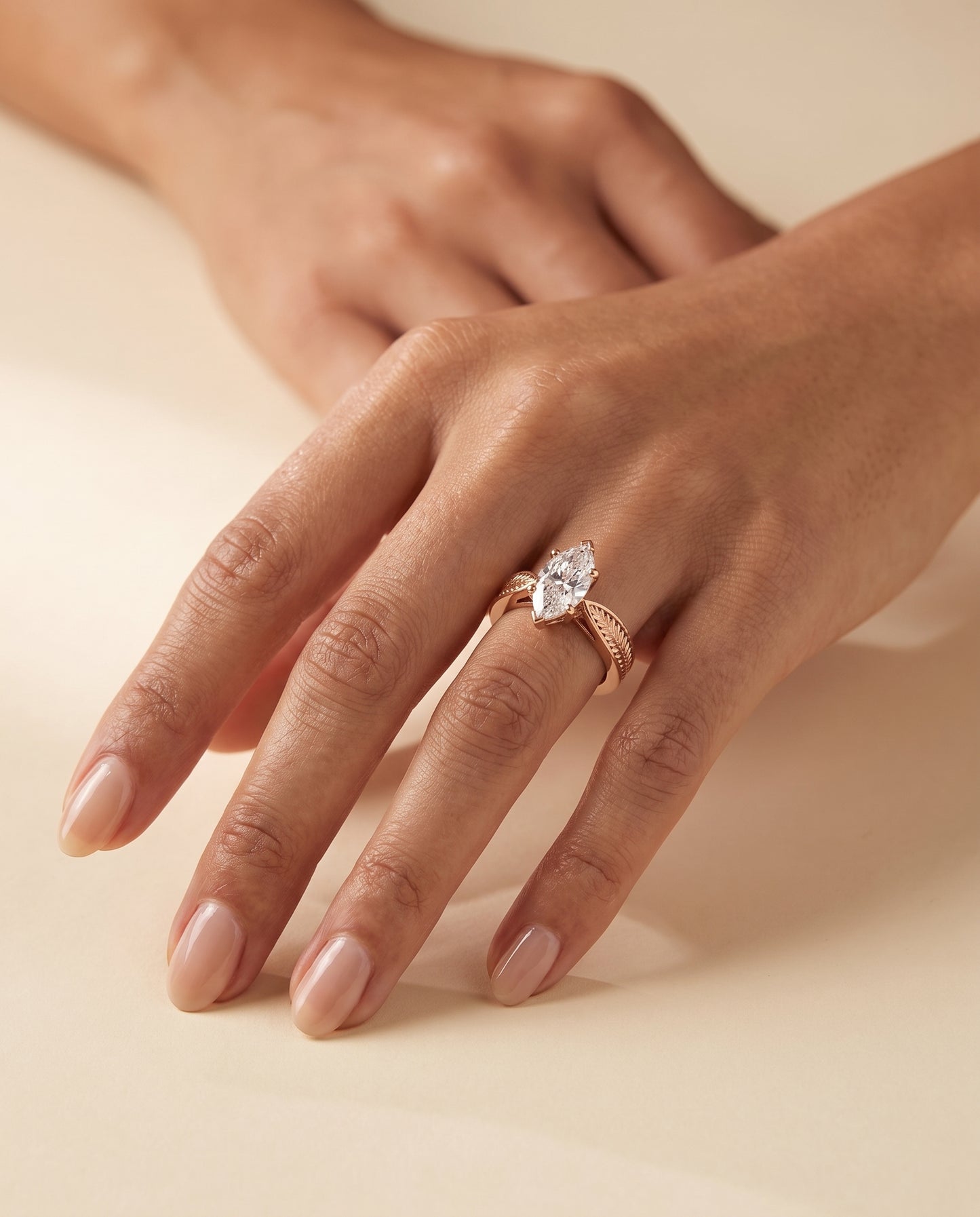 The Roberta Vintage Leaf Pattern Solitaire Marquise Engagement Ring Setting in 14K Rose Gold