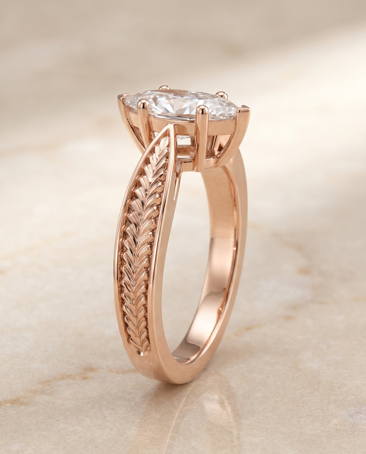The Roberta Vintage Leaf Pattern Solitaire Marquise Engagement Ring Setting in 14K Rose Gold
