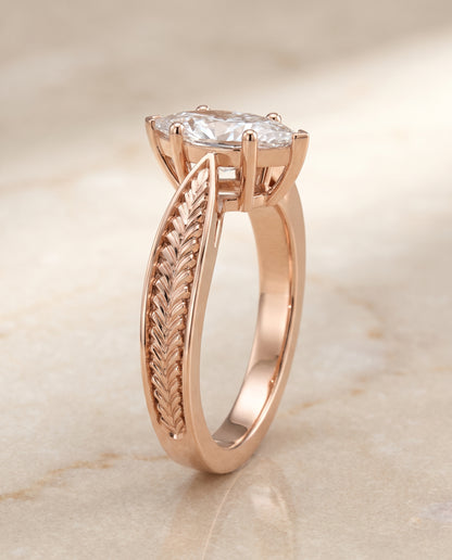 The Roberta Vintage Leaf Pattern Solitaire Marquise Engagement Ring Setting in 14K Rose Gold