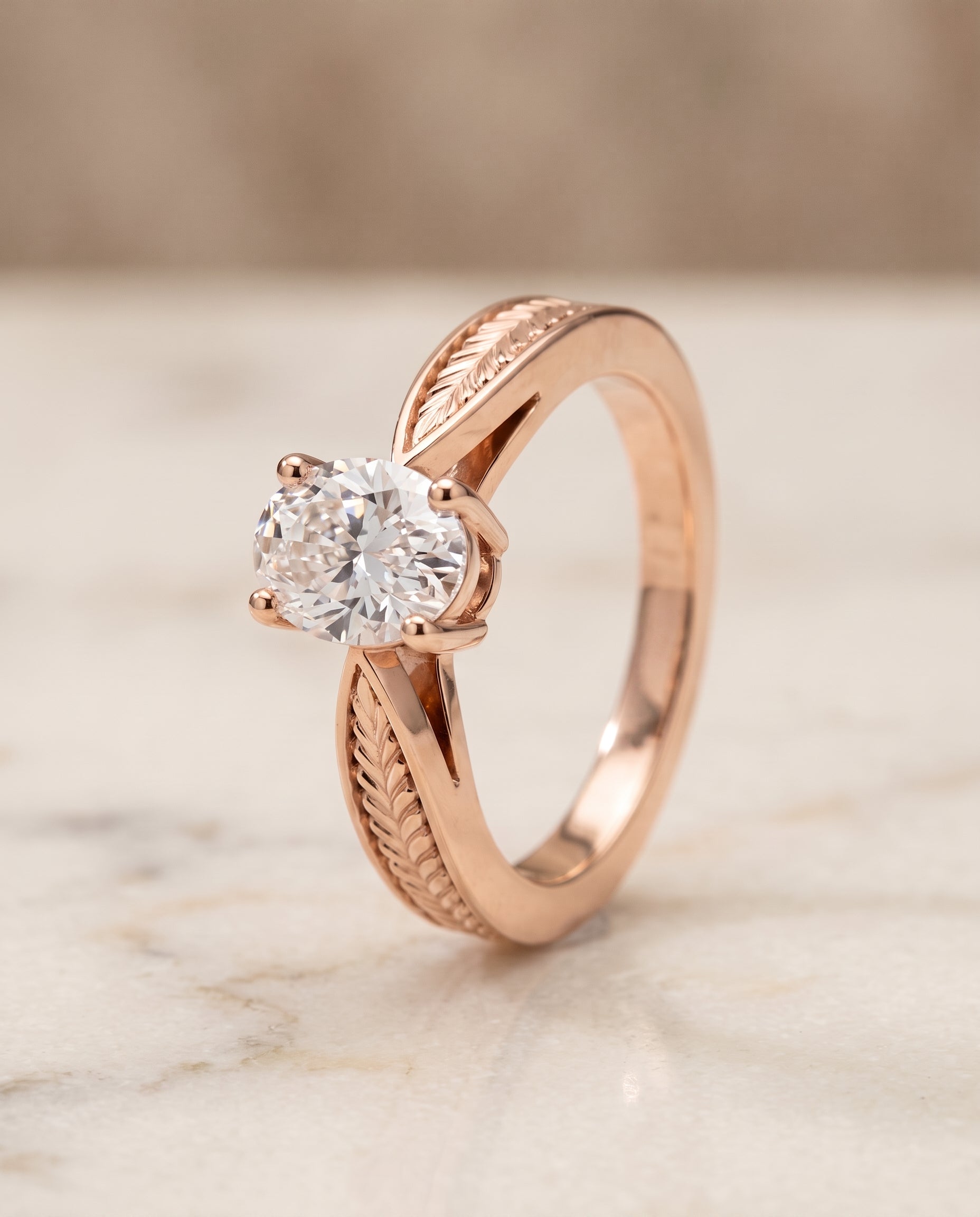 Vintage Leaf Pattern Solitaire styling on The Roberta oval engagement ring setting | RockHer