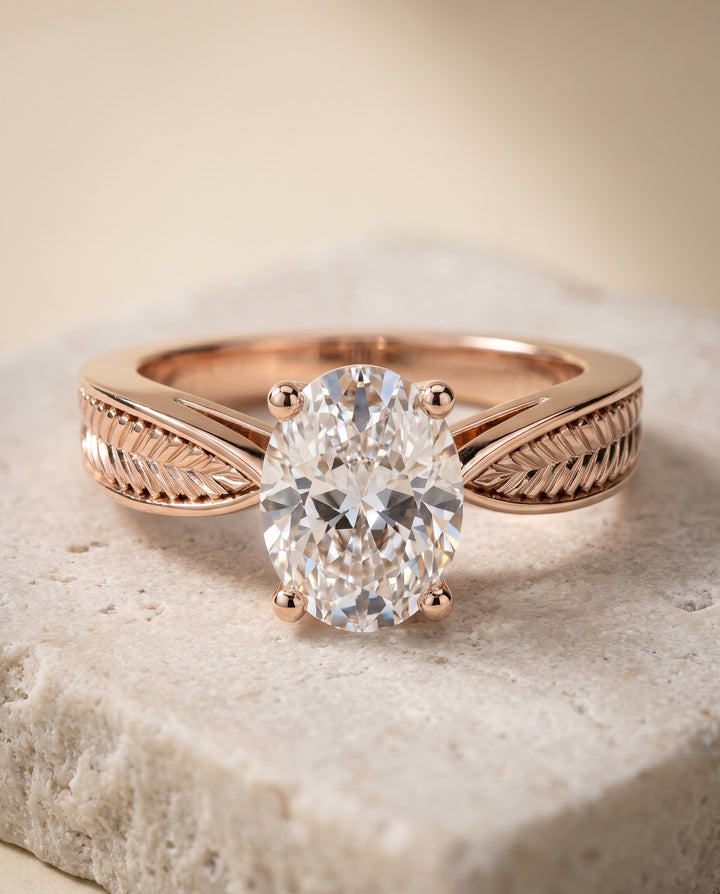 The Roberta Vintage Leaf Pattern Solitaire Oval Engagement Ring Setting in 14K Rose Gold