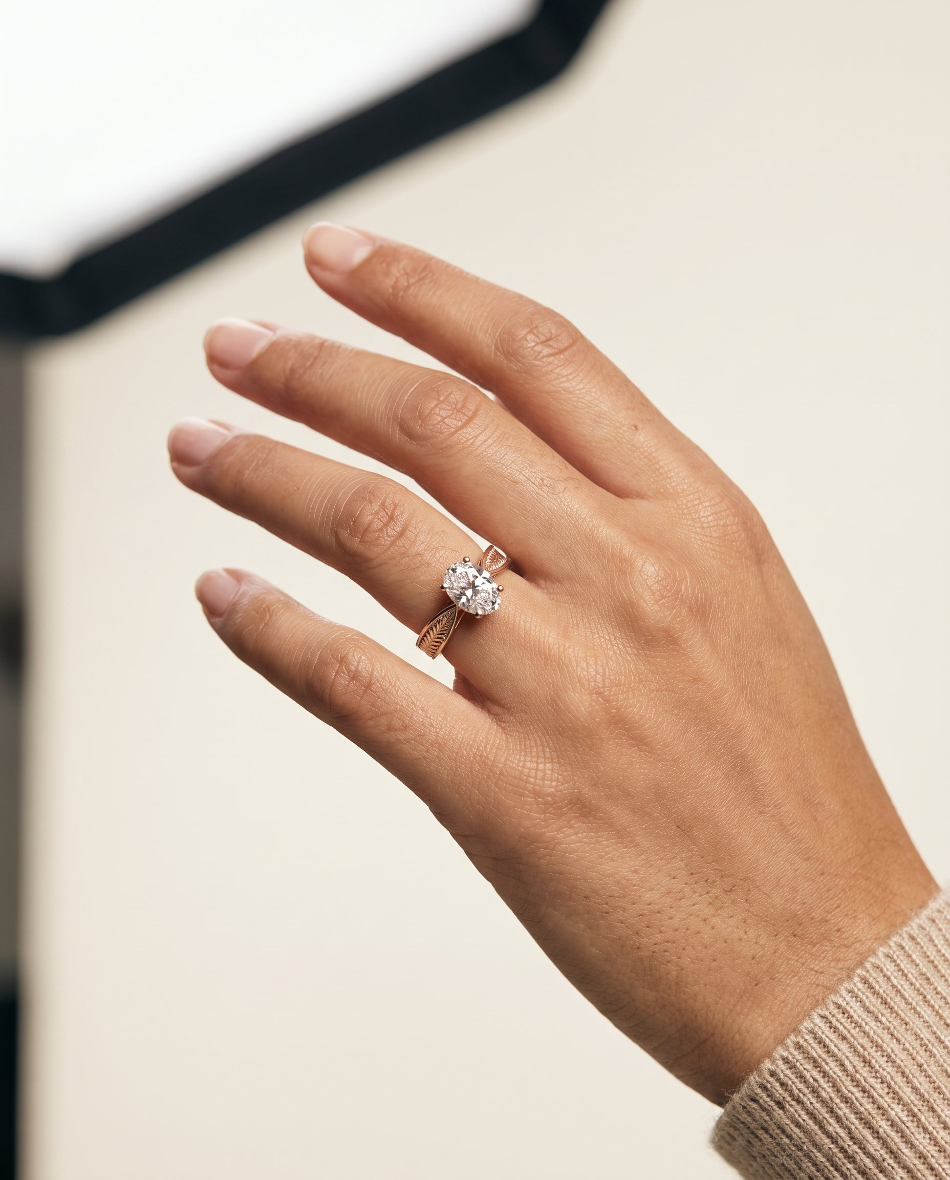 The Roberta engagement ring setting in 14K Rose Gold, vintage leaf pattern solitaire design | RockHer