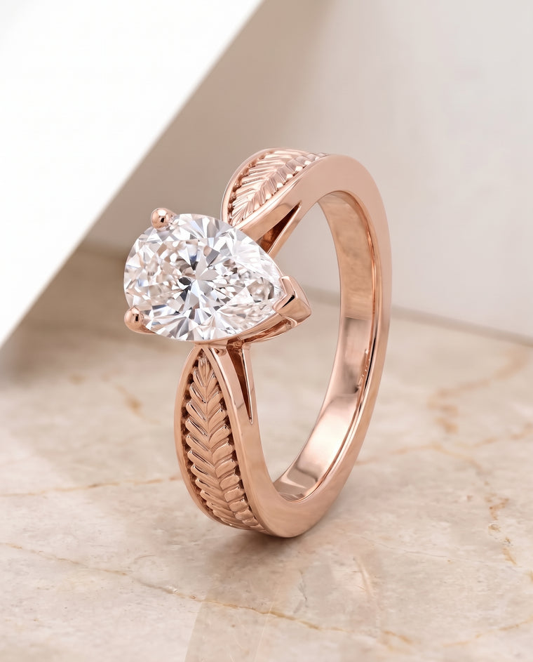 The Roberta Vintage Leaf Pattern Solitaire Pear Engagement Ring Setting in 14K Rose Gold