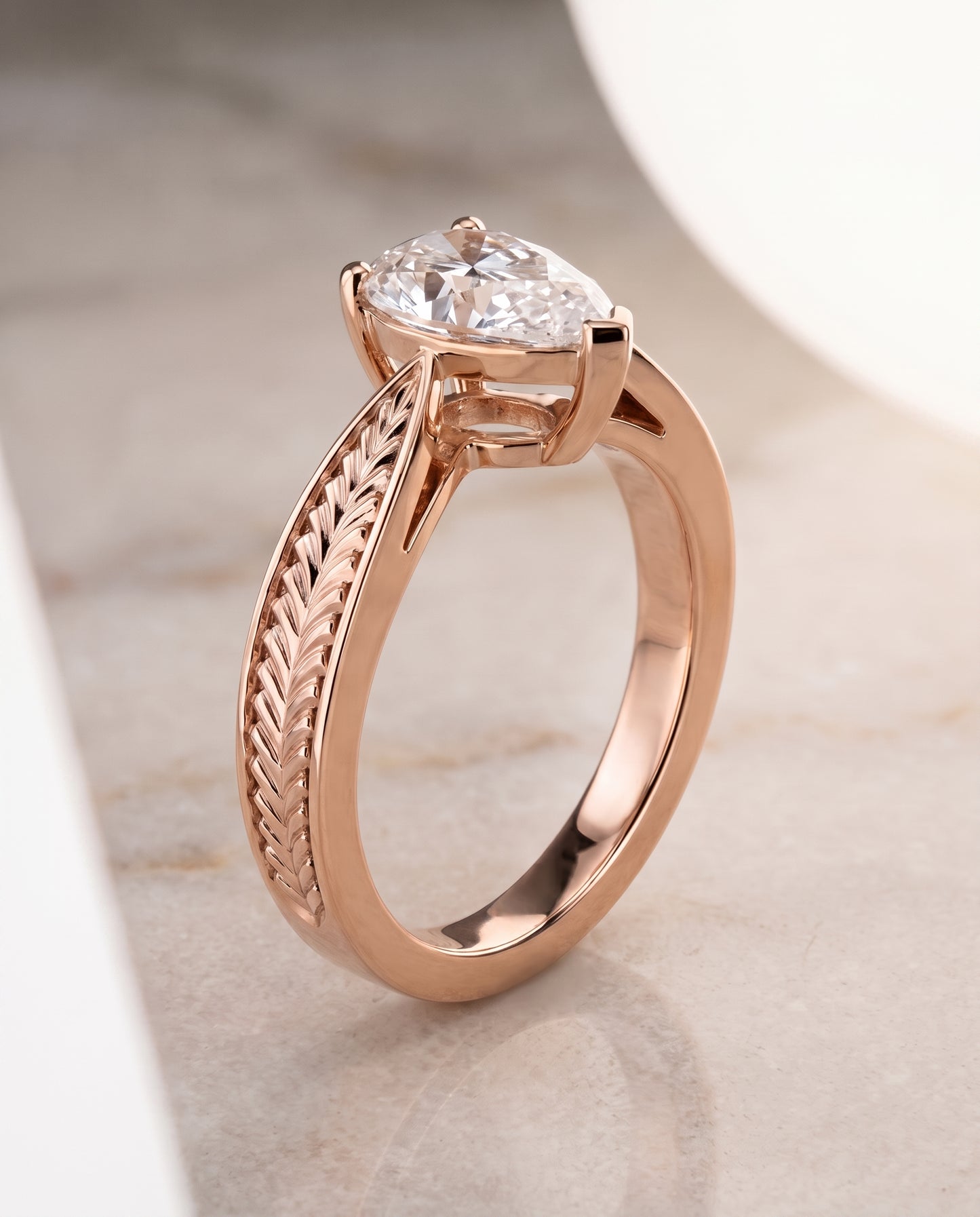 The Roberta Vintage Leaf Pattern Solitaire Pear Engagement Ring Setting in 14K Rose Gold