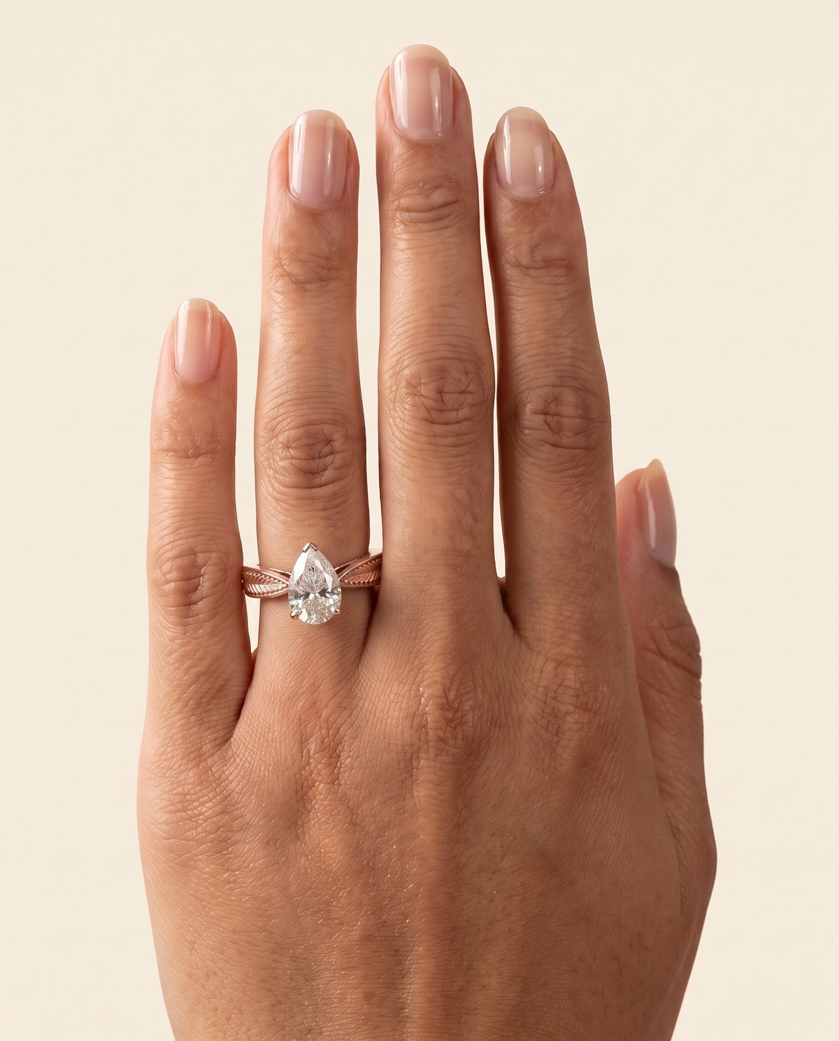The Roberta Vintage Leaf Pattern Solitaire Pear Engagement Ring Setting in 14K Rose Gold