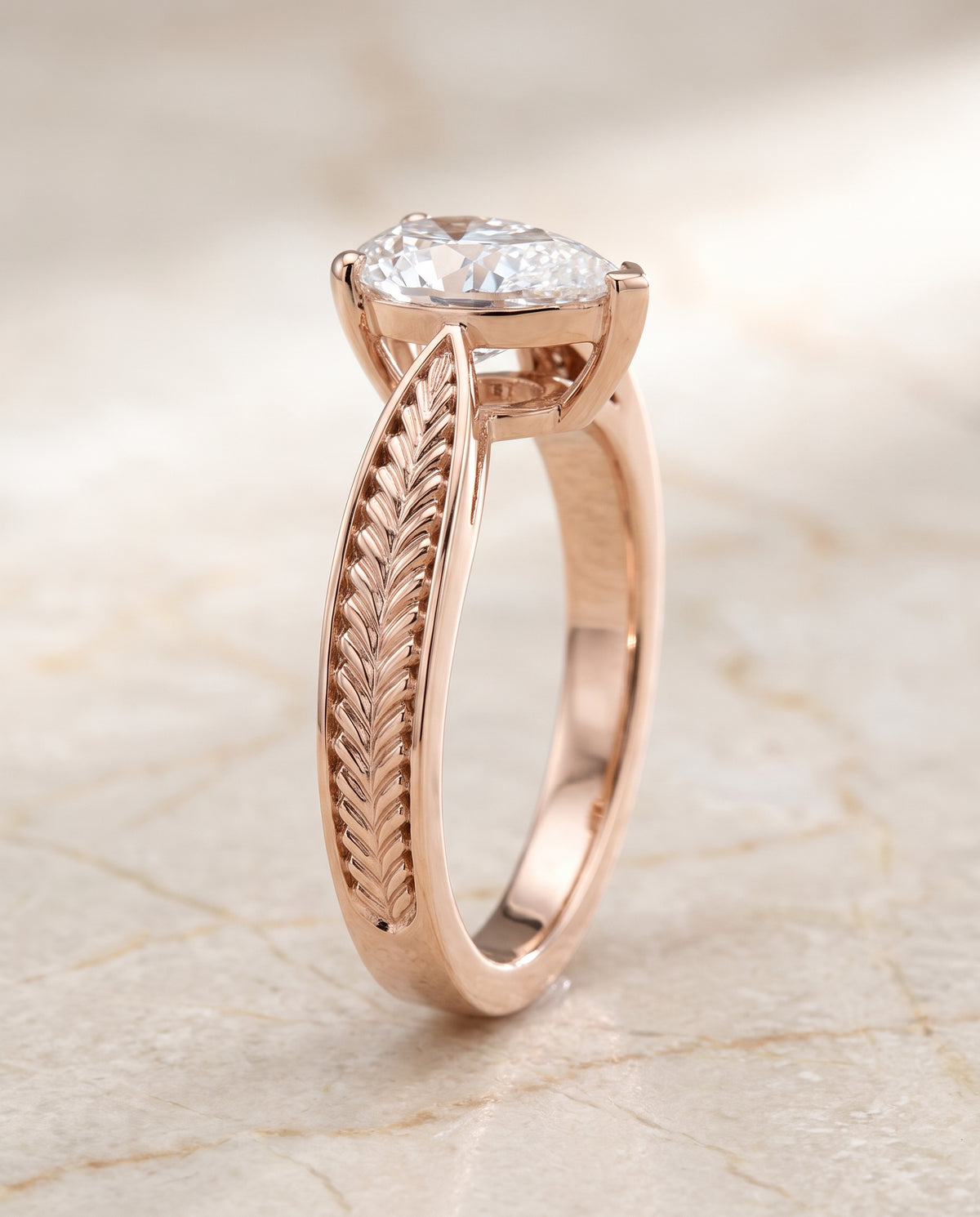 The Roberta Vintage Leaf Pattern Solitaire Pear Engagement Ring Setting in 14K Rose Gold