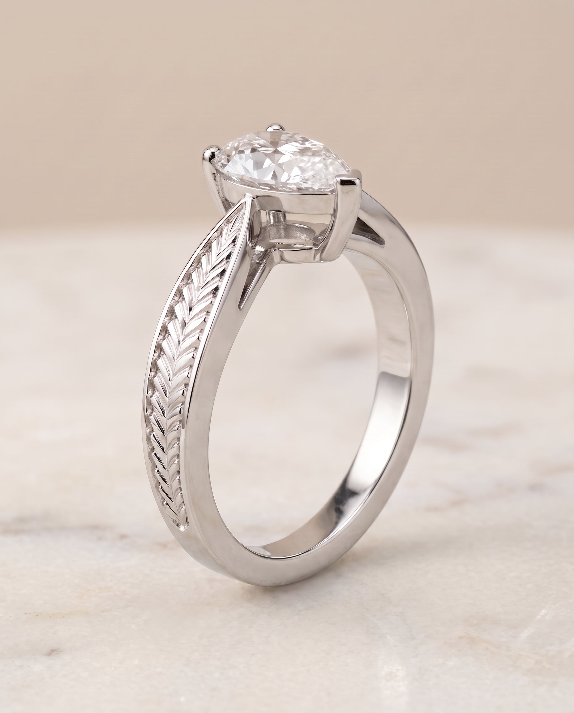 Vintage Leaf Pattern Solitaire styling on The Roberta pear engagement ring setting | RockHer