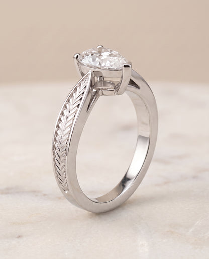 The Roberta Vintage Leaf Pattern Solitaire Pear Engagement Ring Setting in Platinum