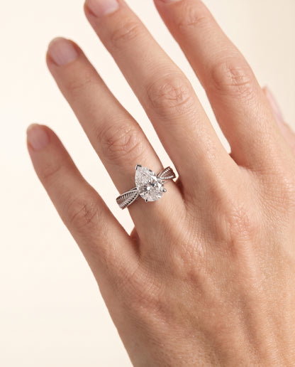 The Roberta Vintage Leaf Pattern Solitaire Pear Engagement Ring Setting in Platinum