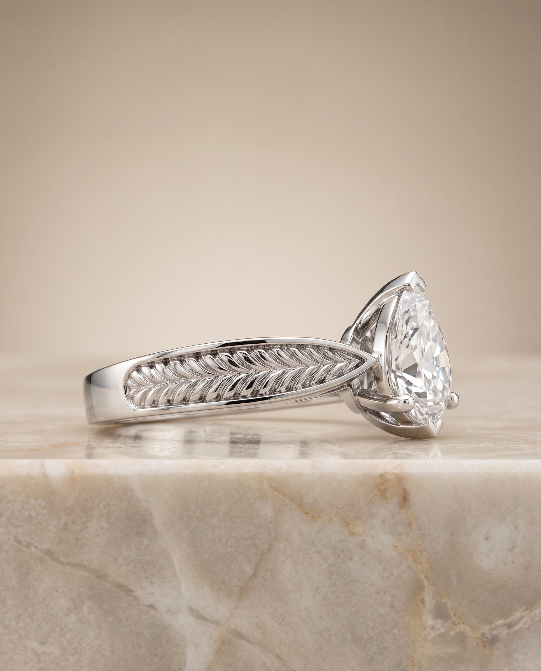 The Roberta Vintage Leaf Pattern Solitaire Pear Engagement Ring Setting in Platinum