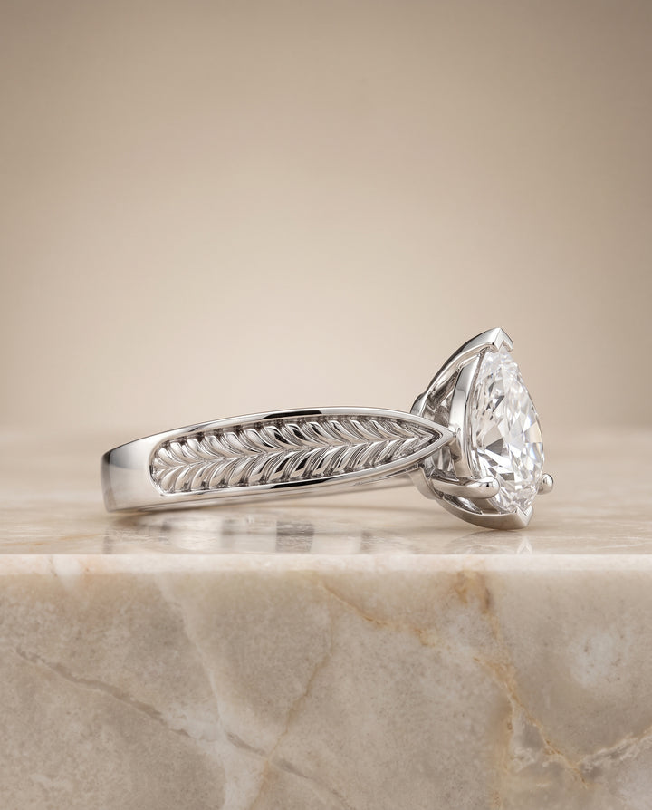 The Roberta Vintage Leaf Pattern Solitaire Pear Engagement Ring Setting in Platinum