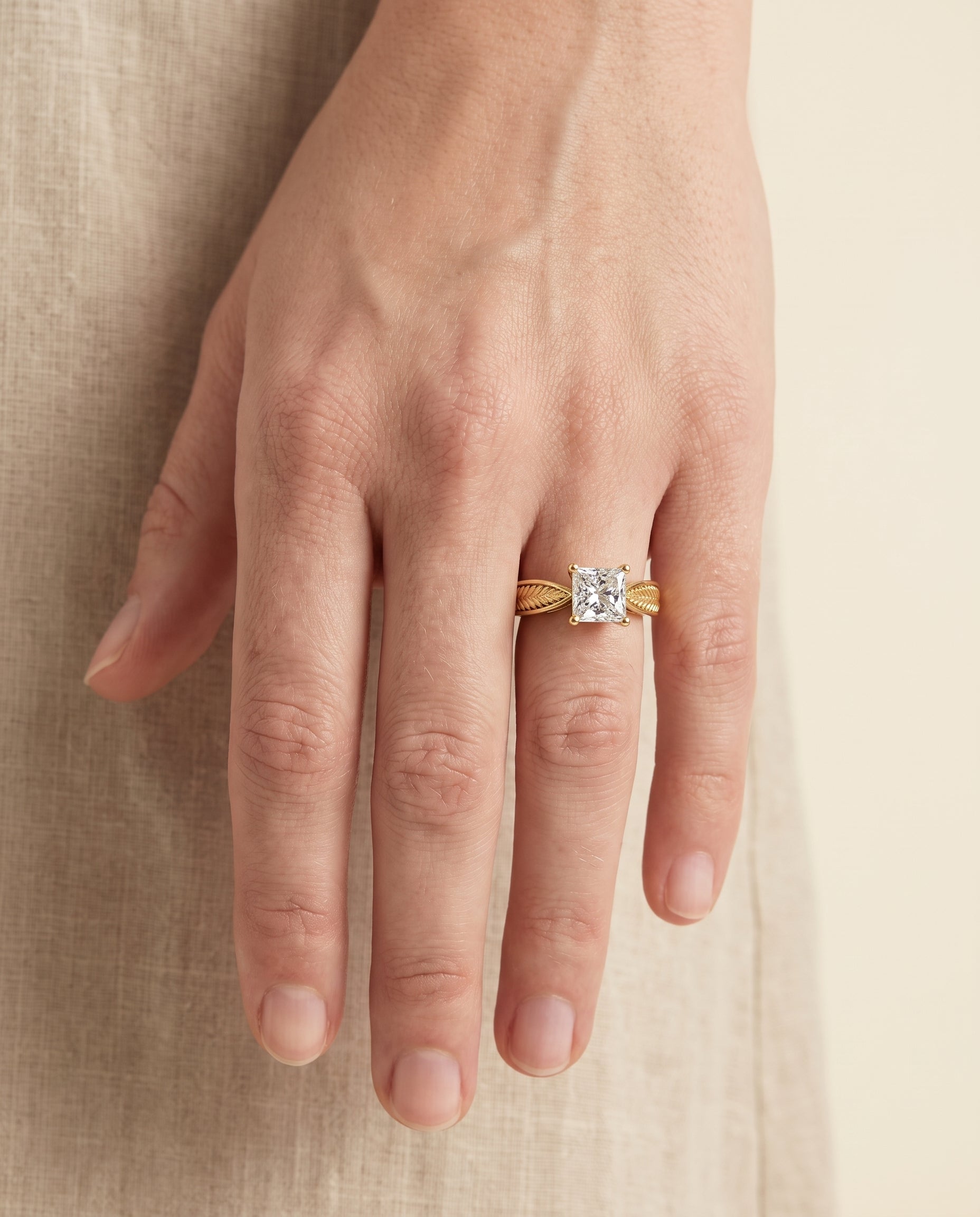 The Roberta engagement ring setting in 18K Yellow Gold, vintage leaf pattern solitaire design | RockHer