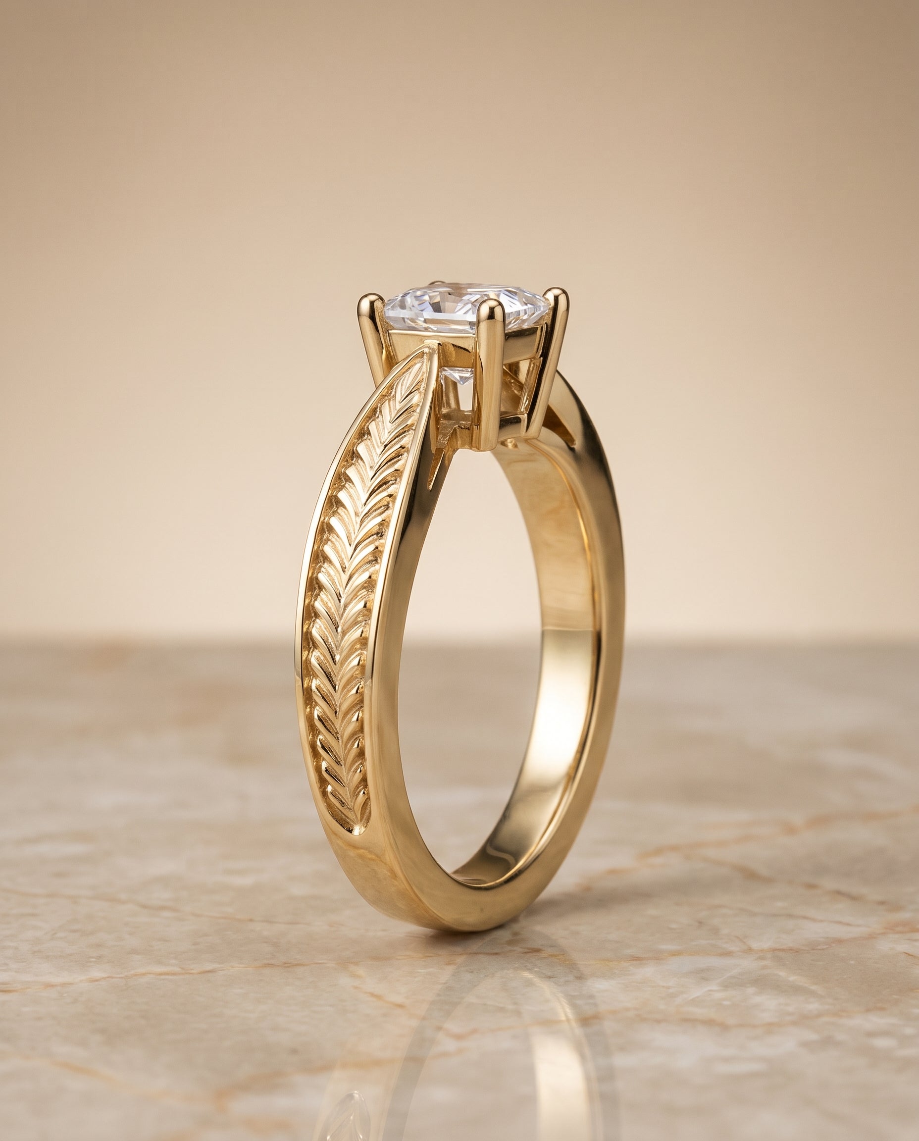 Vintage Leaf Pattern Solitaire styling on The Roberta princess engagement ring setting | RockHer