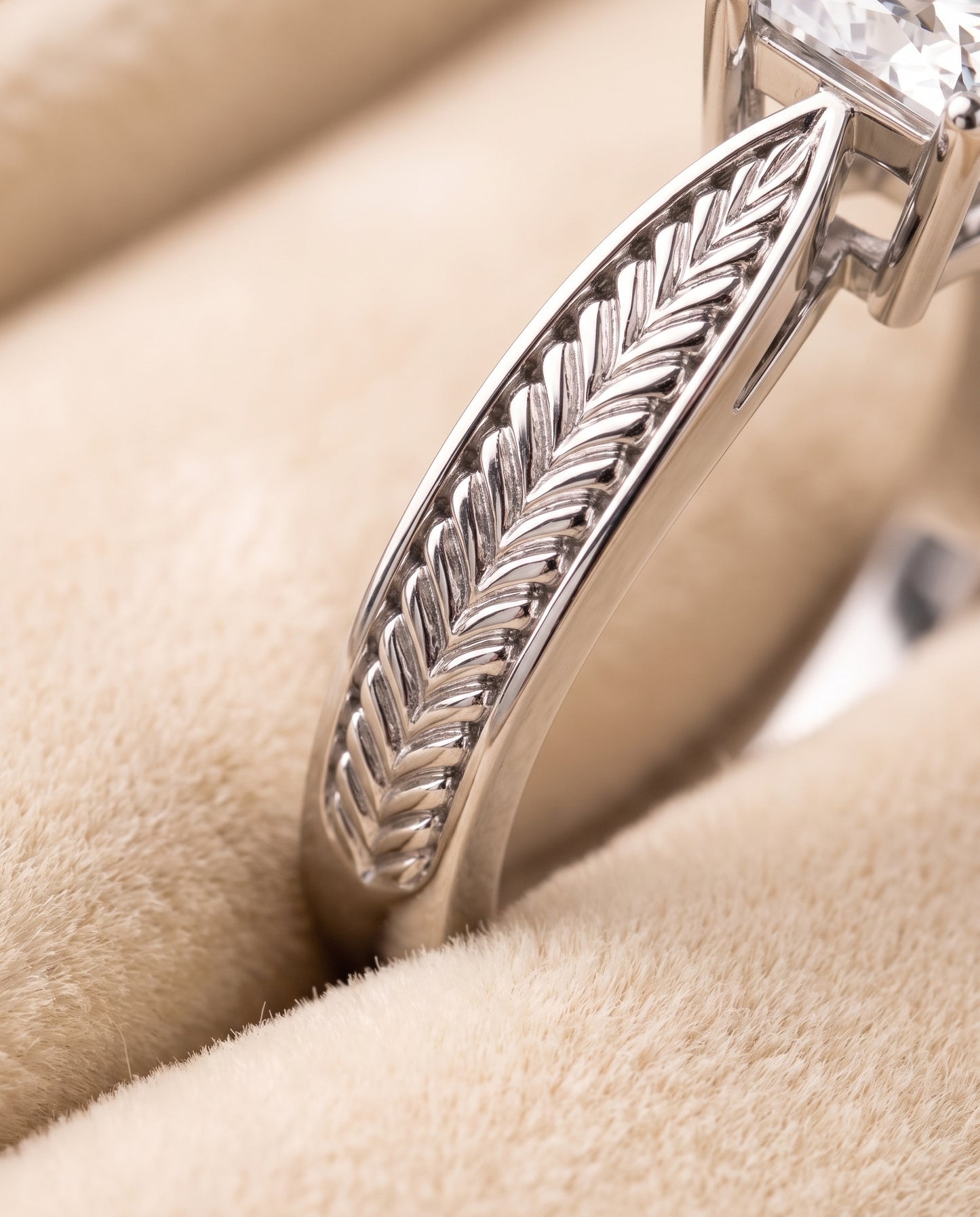 The Roberta Vintage Leaf Pattern Solitaire Princess Cut Engagement Ring Setting in 18K White Gold