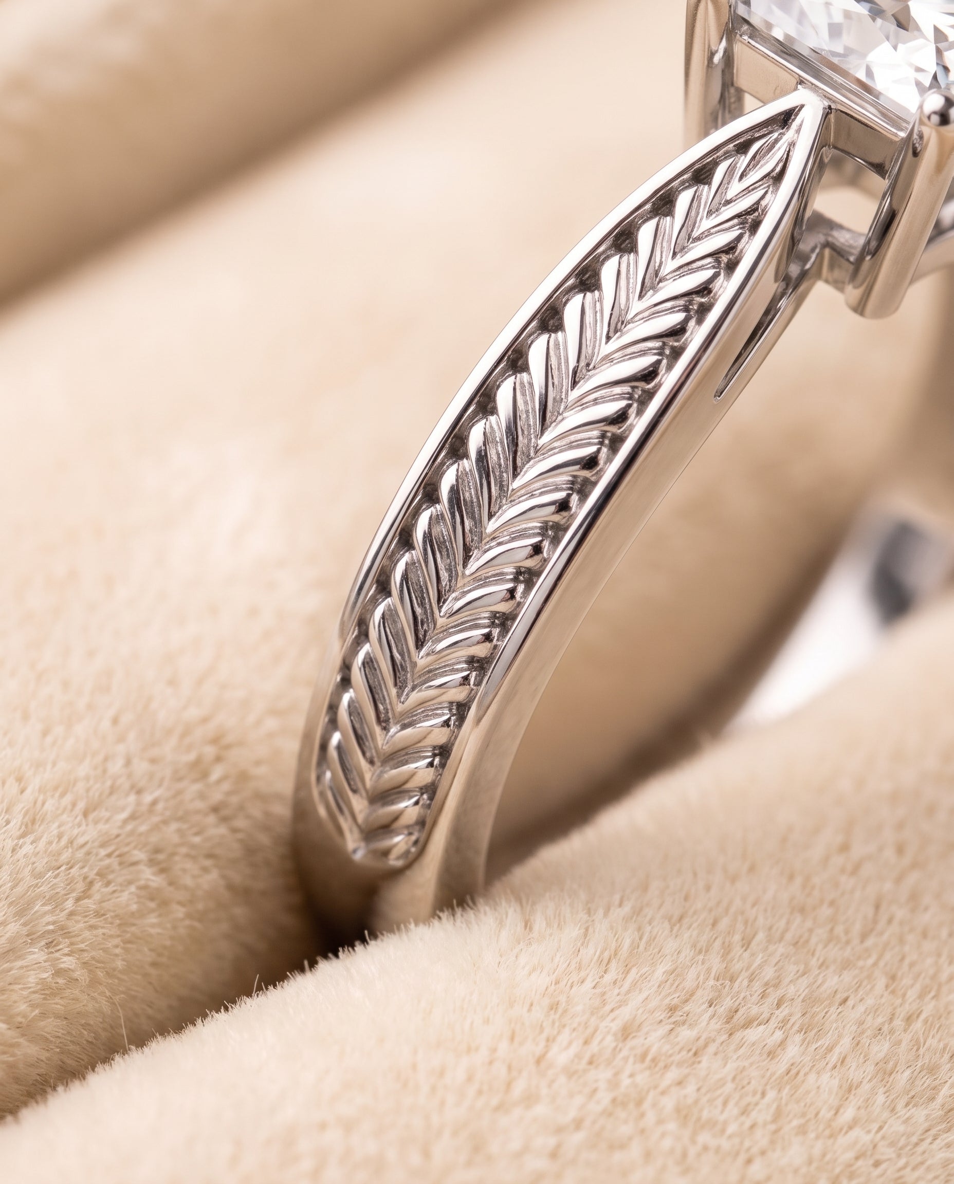 The Roberta Vintage Leaf Pattern Solitaire Princess Cut Engagement Ring Setting in 18K White Gold