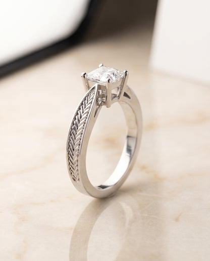 The Roberta Vintage Leaf Pattern Solitaire Princess Cut Engagement Ring Setting in 18K White Gold