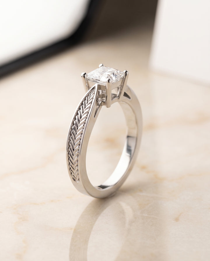 The Roberta Vintage Leaf Pattern Solitaire Princess Cut Engagement Ring Setting in 18K White Gold