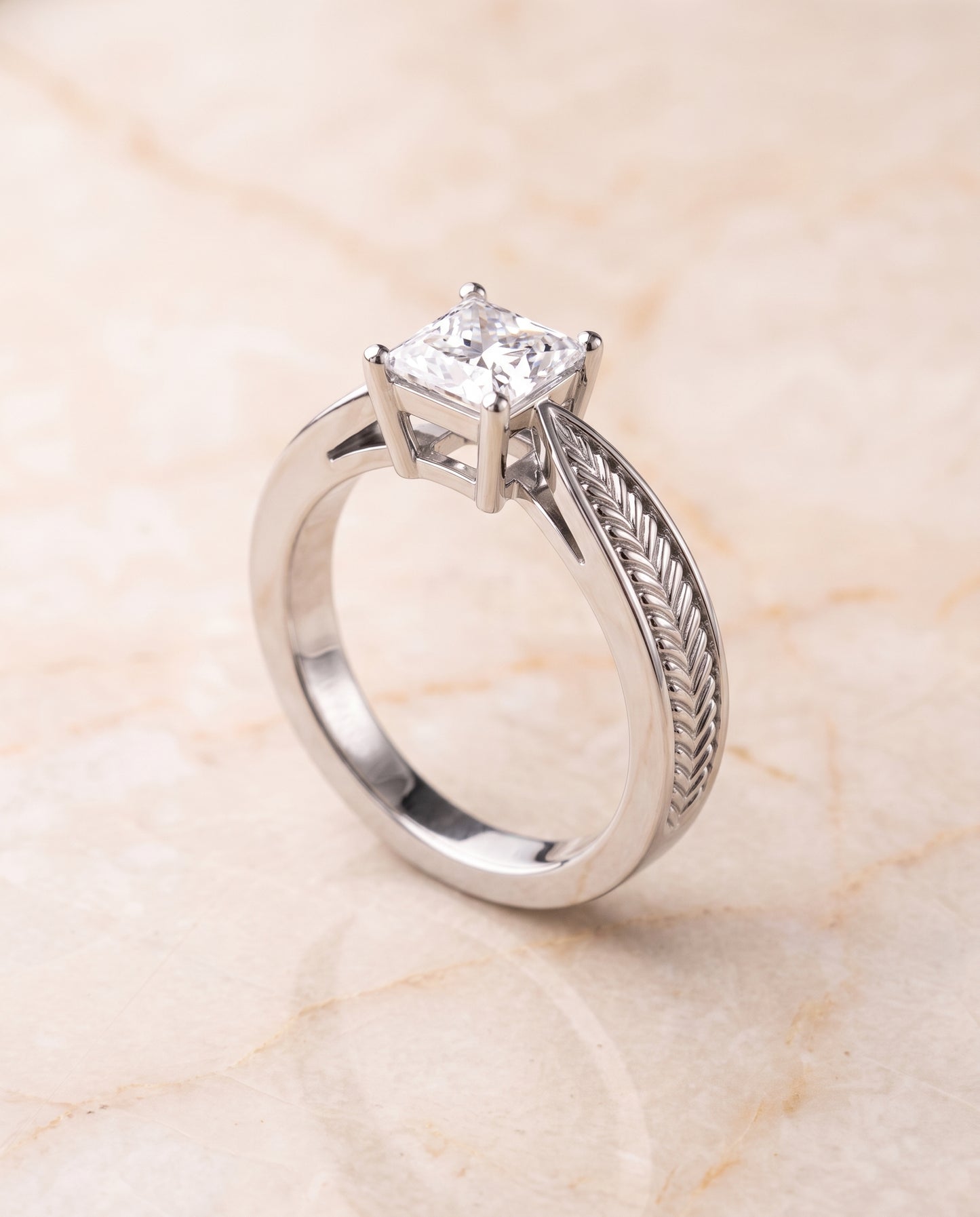 The Roberta Vintage Leaf Pattern Solitaire Princess Cut Engagement Ring Setting in 18K White Gold