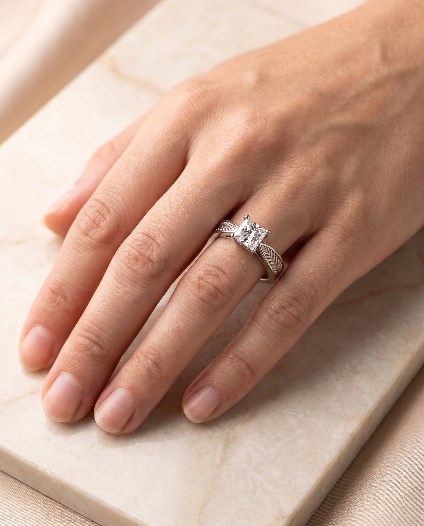 The Roberta Vintage Leaf Pattern Solitaire Princess Cut Engagement Ring Setting in 18K White Gold