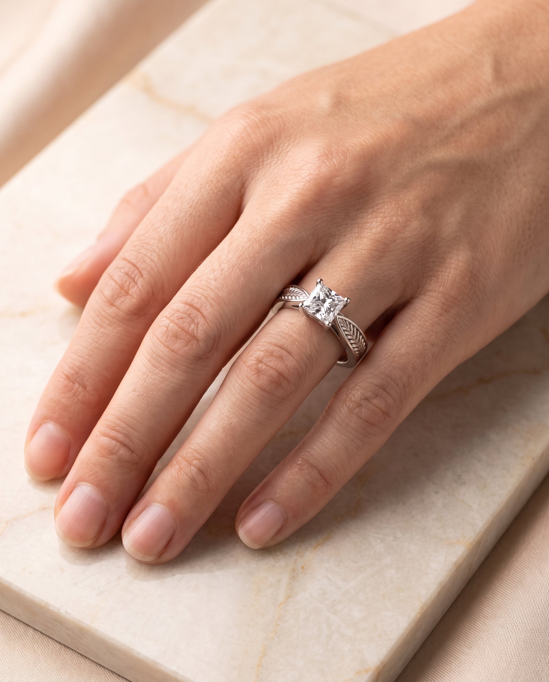 The Roberta Vintage Leaf Pattern Solitaire Princess Cut Engagement Ring Setting in 18K White Gold