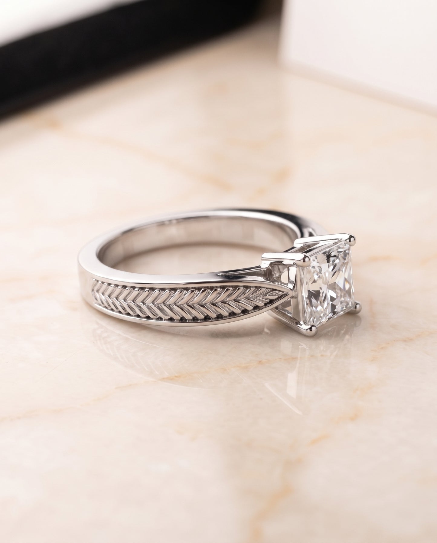 The Roberta Vintage Leaf Pattern Solitaire Princess Cut Engagement Ring Setting in 18K White Gold