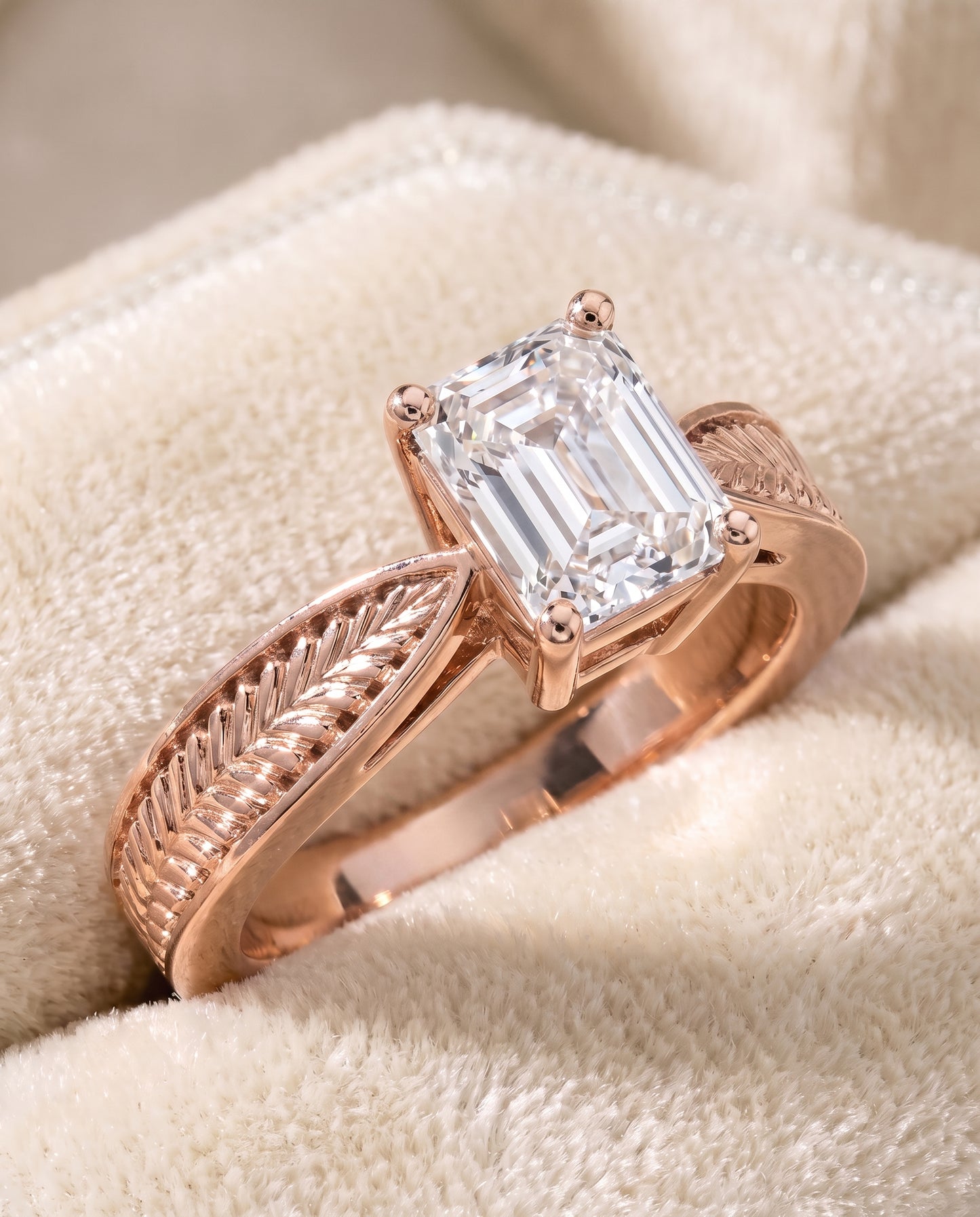 The Roberta Vintage Leaf Pattern Solitaire Radiant Cut Engagement Ring Setting in 14K Rose Gold