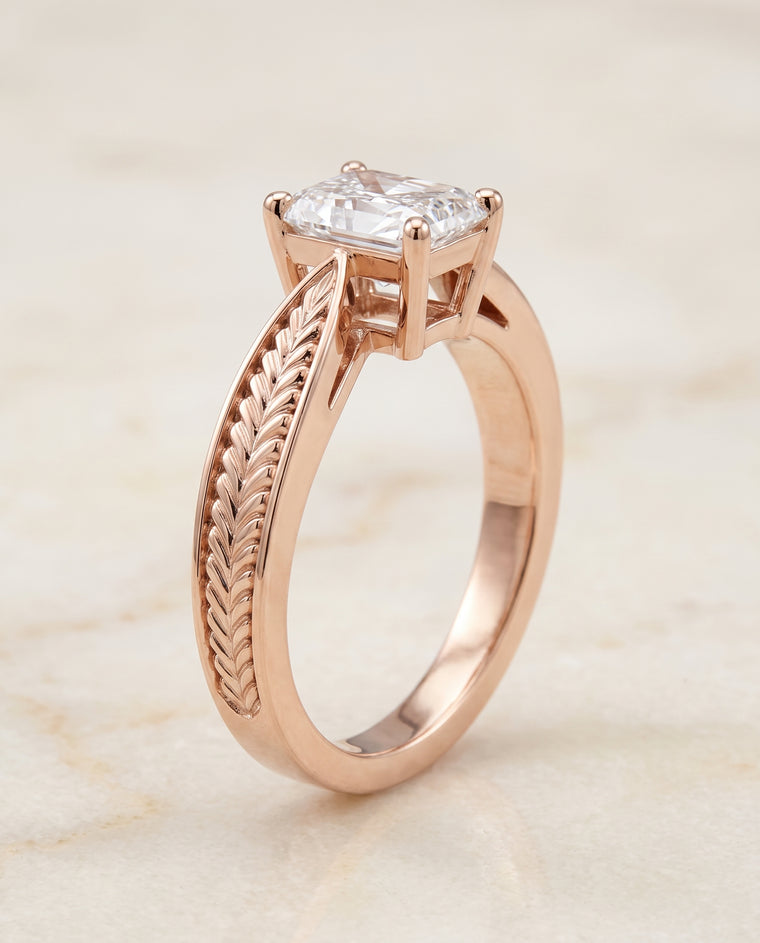 The Roberta Vintage Leaf Pattern Solitaire Princess Cut Engagement Ring Setting in 14K Rose Gold