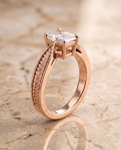 The Roberta Vintage Leaf Pattern Solitaire Radiant Cut Engagement Ring Setting in 14K Rose Gold