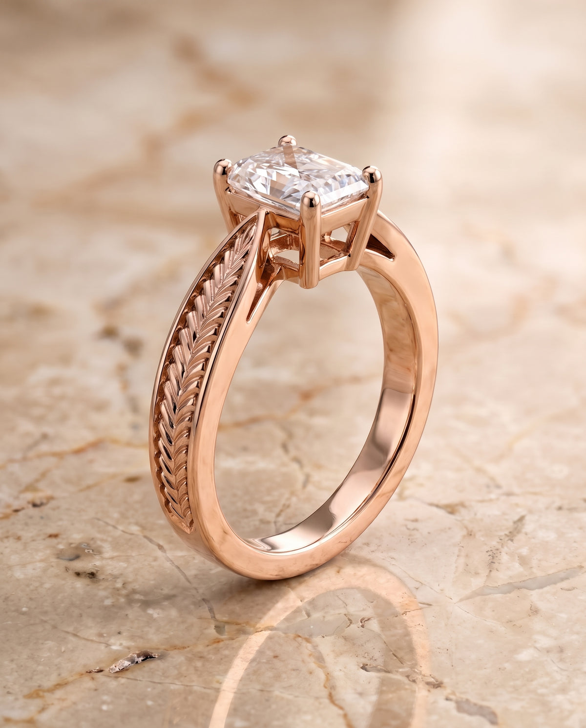 The Roberta Vintage Leaf Pattern Solitaire Princess Cut Engagement Ring Setting in 14K Rose Gold