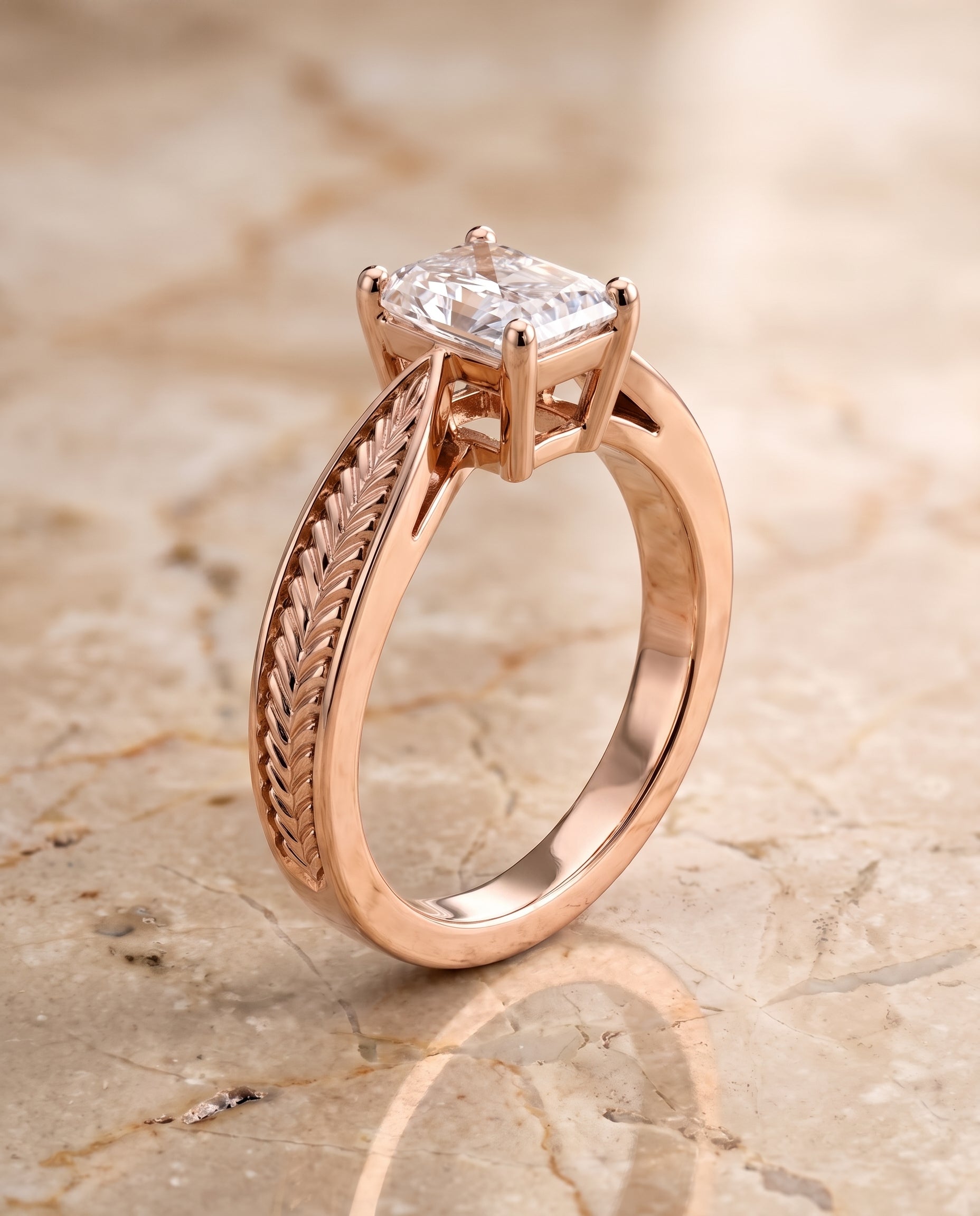 The Roberta Vintage Leaf Pattern Solitaire Princess Cut Engagement Ring Setting in 14K Rose Gold