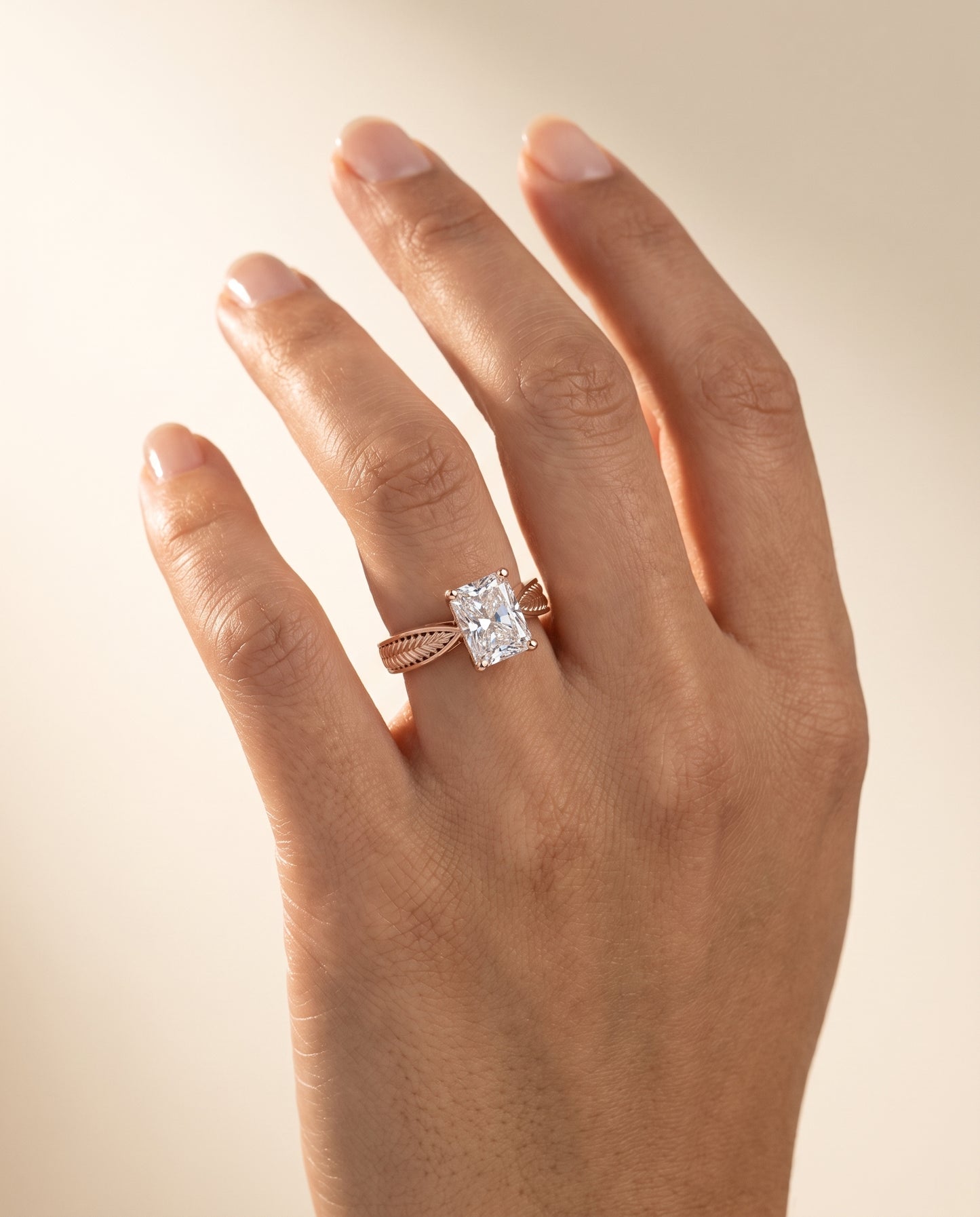 The Roberta Vintage Leaf Pattern Solitaire Radiant Cut Engagement Ring Setting in 14K Rose Gold