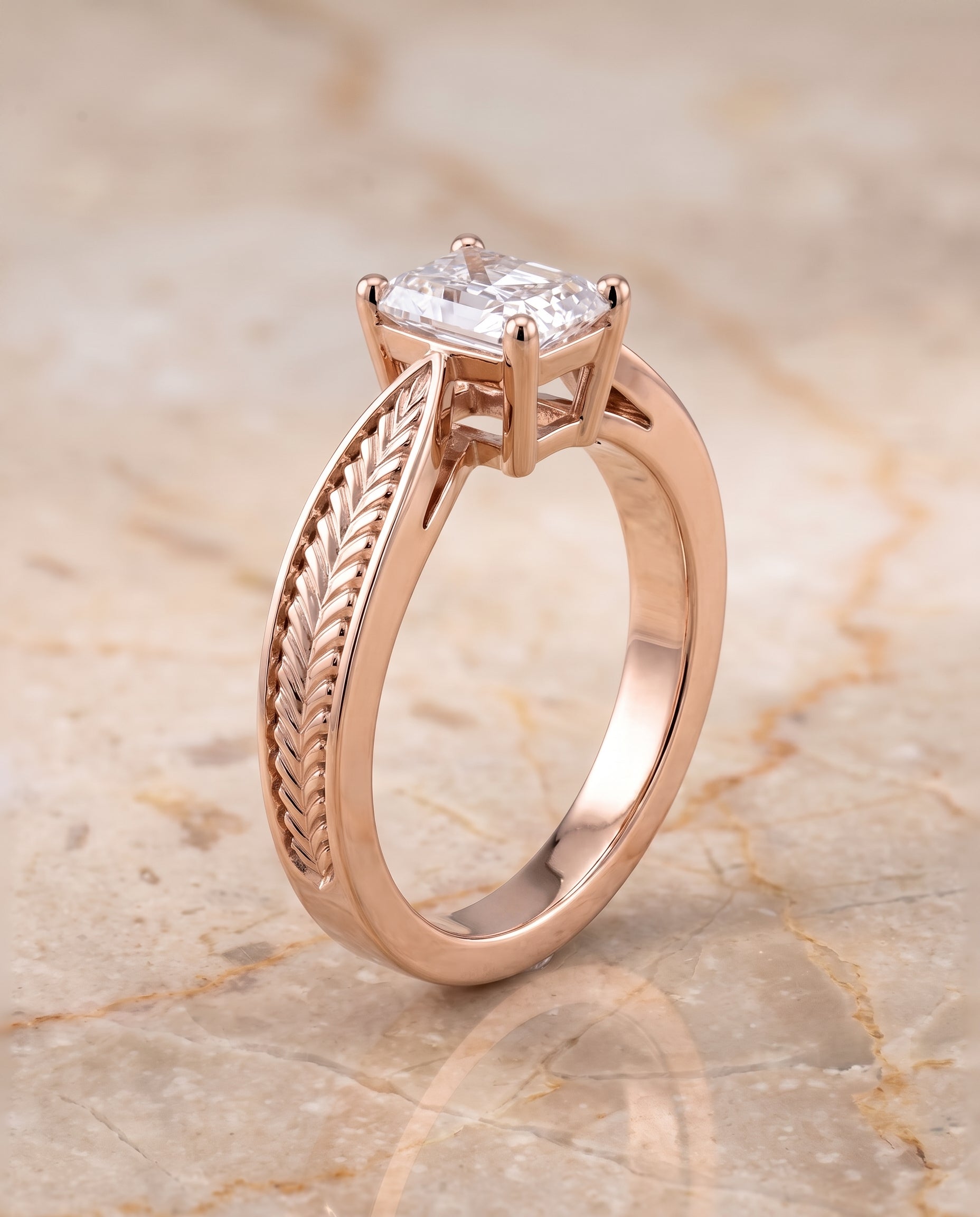 The Roberta Vintage Leaf Pattern Solitaire Radiant Cut Engagement Ring Setting in 14K Rose Gold