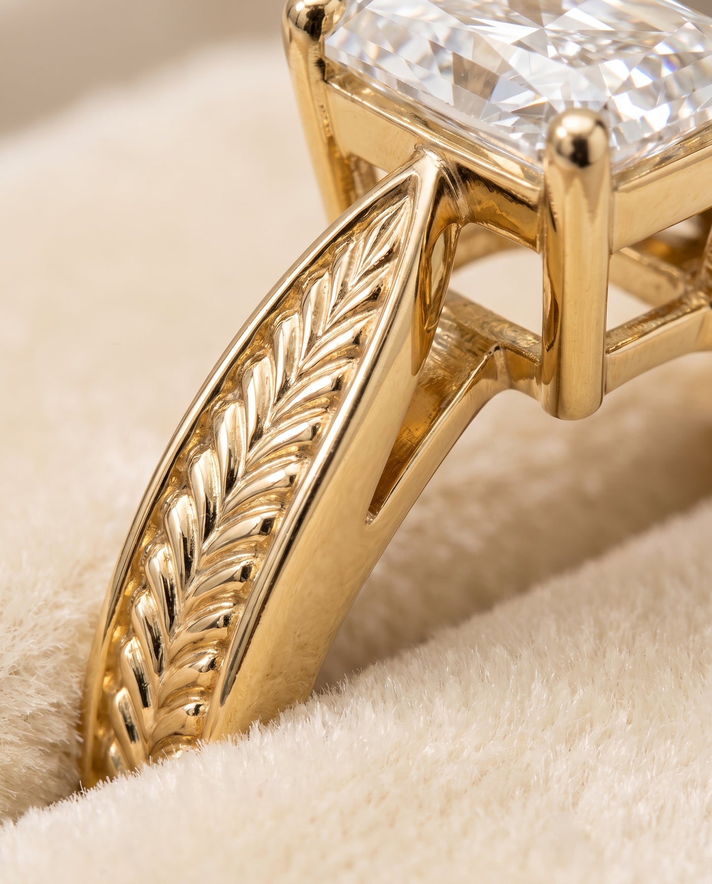 The Roberta Vintage Leaf Pattern Solitaire Radiant Cut Engagement Ring Setting in 18K Yellow Gold