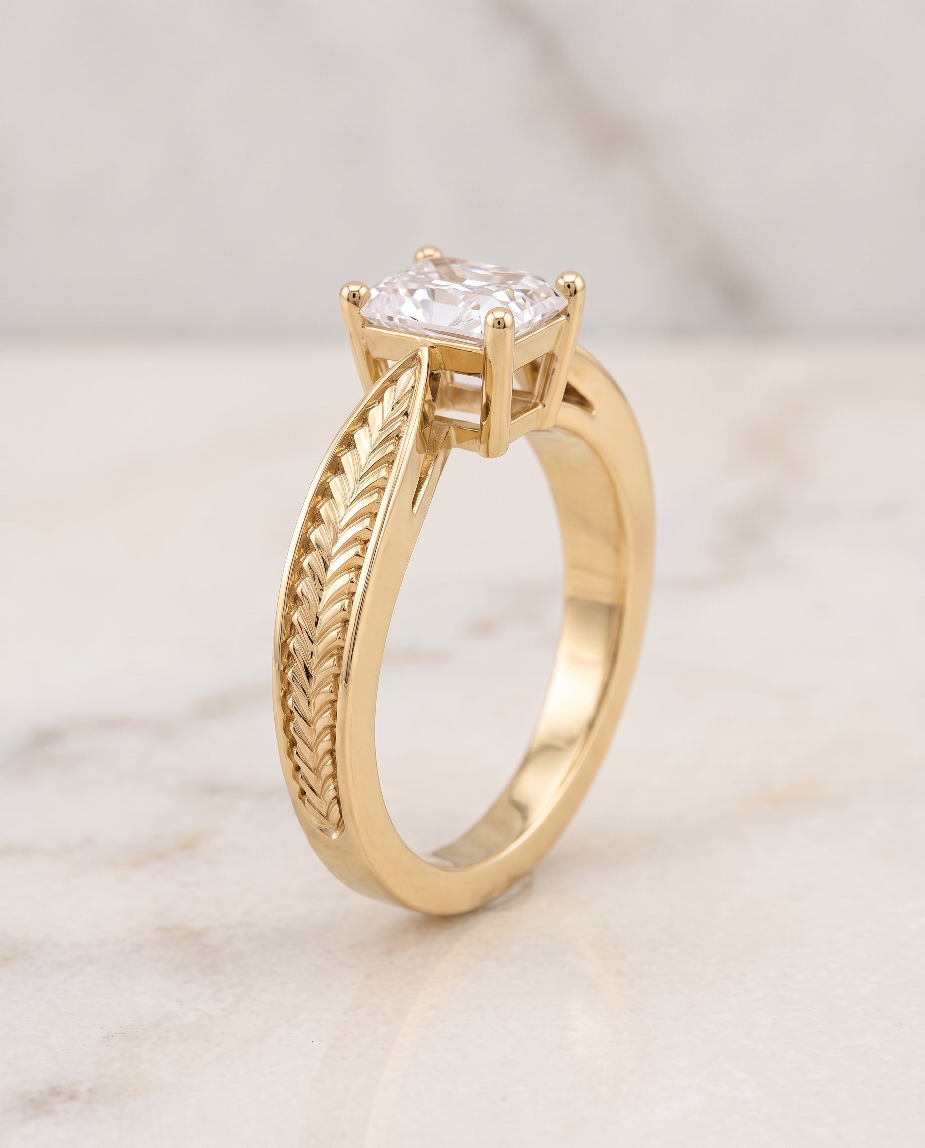 Vintage Leaf Pattern Solitaire Cut styling on The Roberta radiant engagement ring setting | RockHer