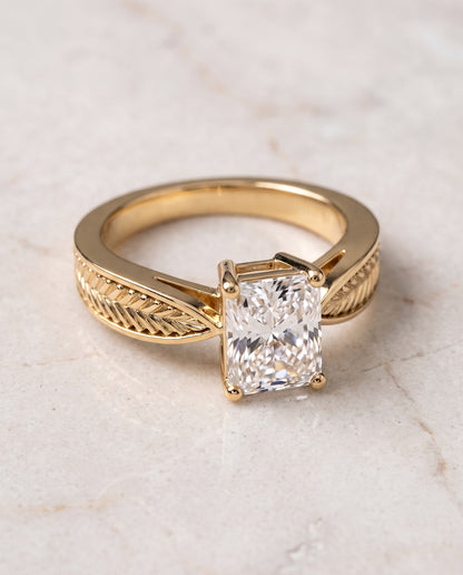 The Roberta Vintage Leaf Pattern Solitaire Radiant Cut Engagement Ring Setting in 18K Yellow Gold