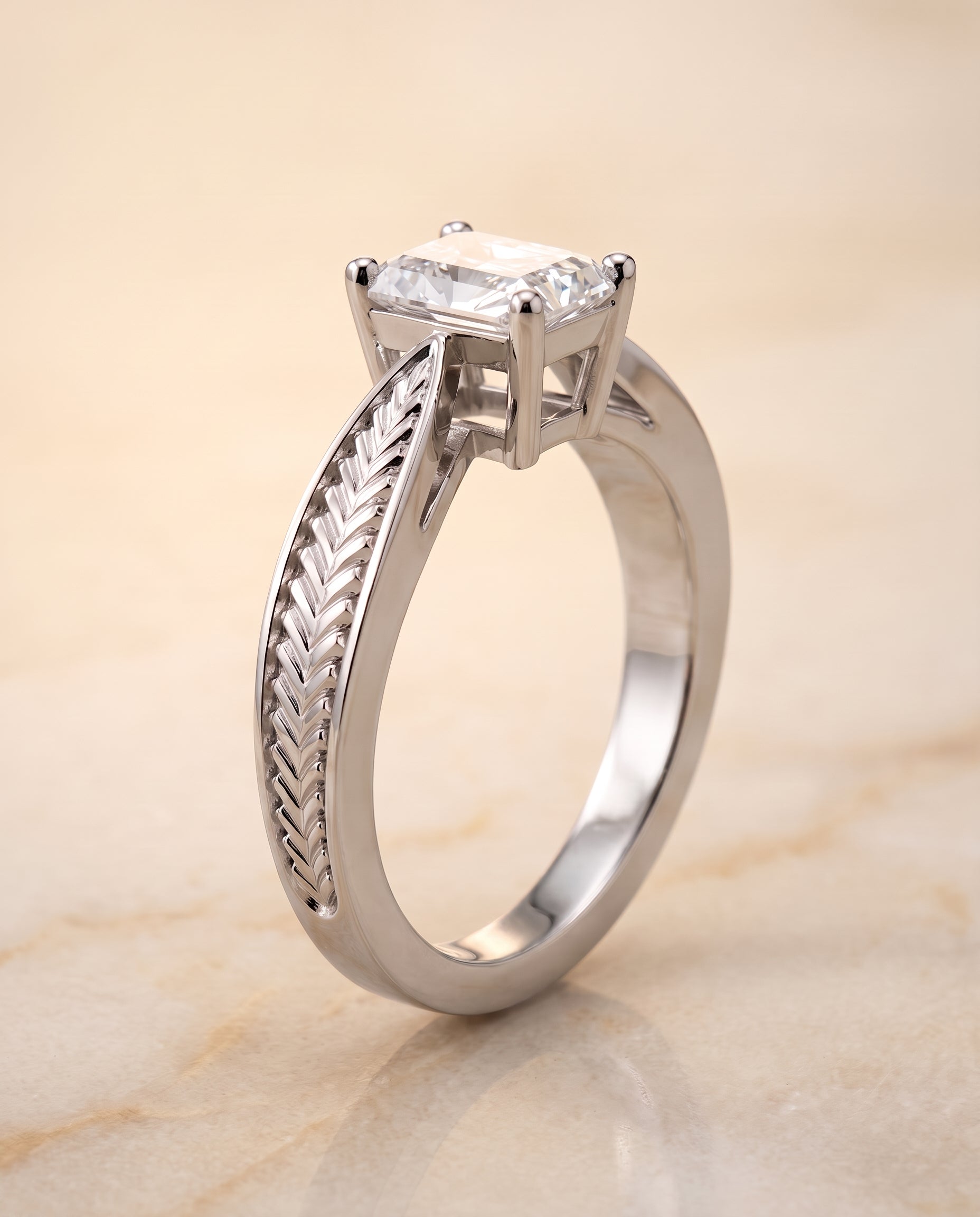 The Roberta Vintage Leaf Pattern Solitaire Radiant Cut Engagement Ring Setting in Platinum