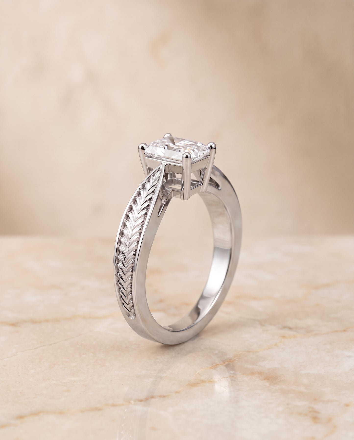 The Roberta Vintage Leaf Pattern Solitaire Radiant Cut Engagement Ring Setting in Platinum