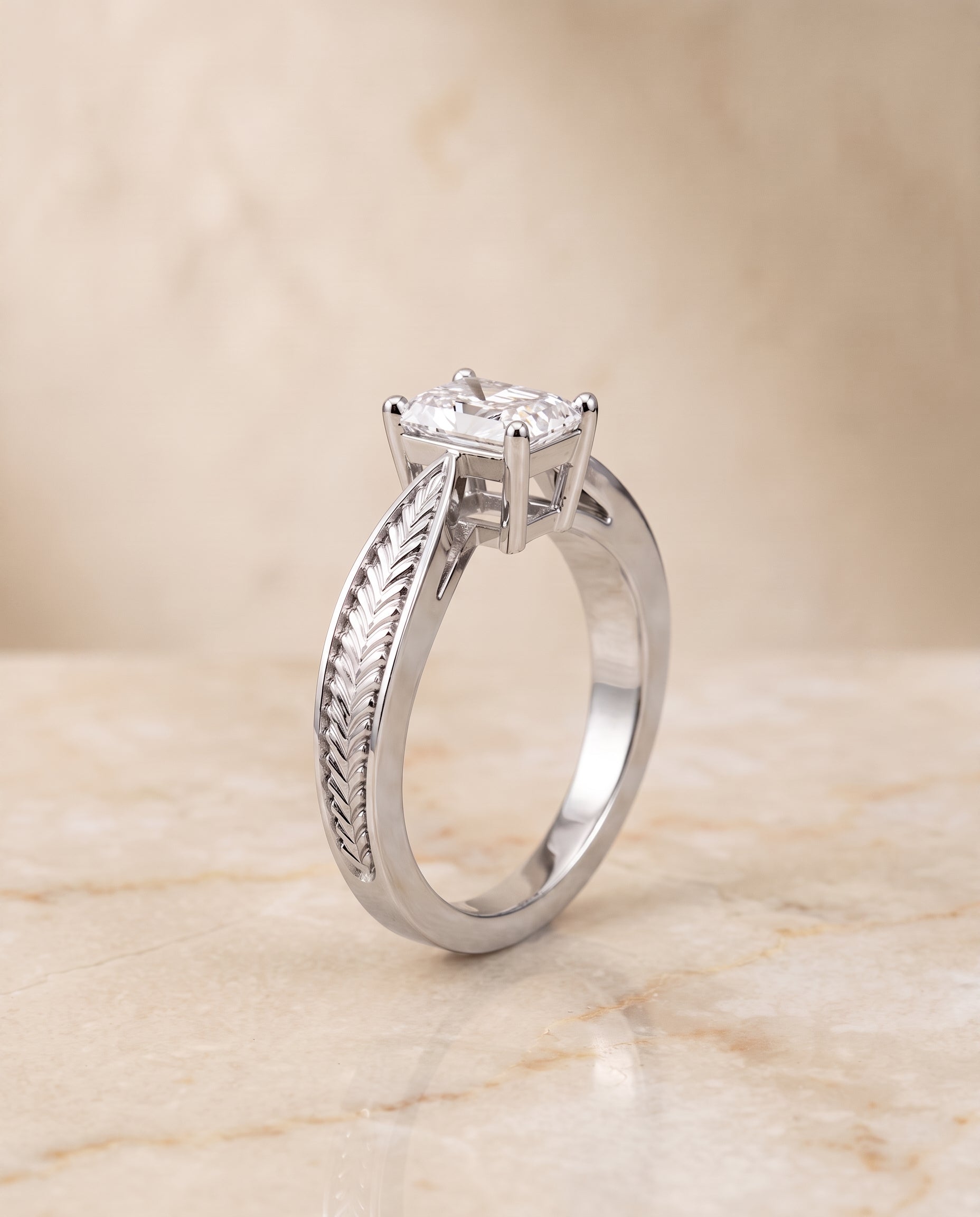 Vintage Leaf Pattern Solitaire Cut styling on The Roberta radiant engagement ring setting | RockHer
